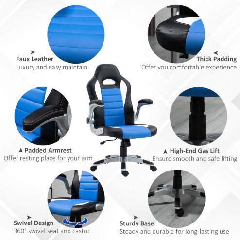 HOMCOM Computer Gaming Chair, Office Desk Swivel Chair, PU Leather Racing Chair with 90?? Flip-up Armrest, Adjustable Height and Rolling Wheels, Blue
