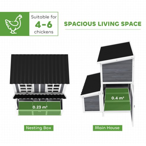 PawHut Wooden Chicken Coop with Nesting Box, Hen House Poultry Cage with Slide-Out Tray, Waterproof Roof, Perches, for 4-6 Chickens, 100 x 86 x 100cm