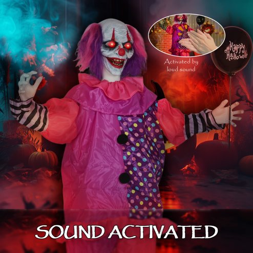 Outsunny 5.7ft/175 cm Life Size Halloween Animated Clown & Balloon with Red Light Up Eyes, Sound Activated Moving Body, Scary Clown Halloween Decorations, Battery Operated, Indoor Party Props