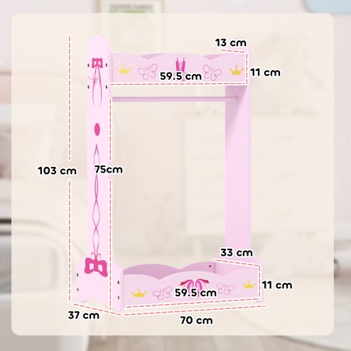 AIYAPLAY Wooden Kids Clothes Rail, Dress Up Rail with Top, Bottom Storage Shelves, for 3 Years+, 70 x 37 x 103cm, Pink