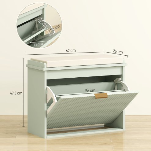 HOMCOM Shoe Bench with Padded Seat Cushion and Flip-Drawer, Shoe Cabinet Holds up to 120kg for Hallway, Entryway and Porch, 62x26x47.5cm