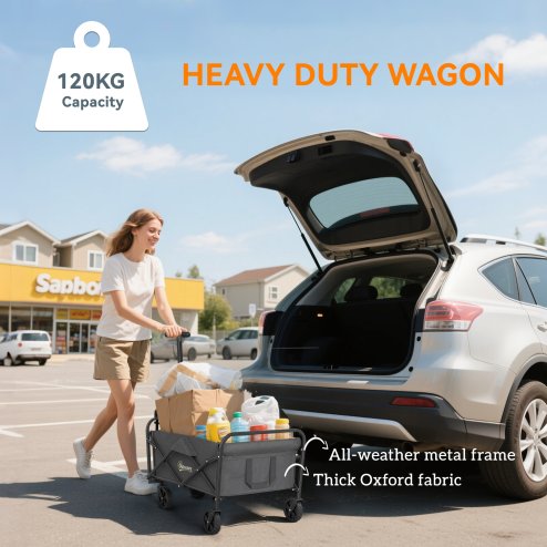 Outsunny 62L Festival Trolley on Wheels, Garden Folding Trolley Cart, 120kg Heavy Duty Collapsible Folding Wagon with Adjustable Handle and Carrying Bag for Beach, Camping, Festival, Grey