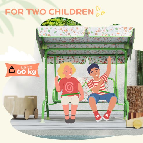 AIYAPLAY Kids Garden Swing Seat, Outdoor Swing Chair with Adjustable Canopy, Safety Belt, 2 Seater Hammock Swing Bench for Patio, Porch, Garden, Green