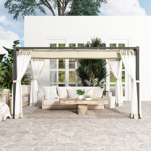 Outsunny 3 x 4 m Pergola with Retractable Roof Canopy and Netting Sidewalls, Aluminium Frame Garden Gazebo Outdoor Sun Shade Shelter for Grill, Patio, Deck, Khaki