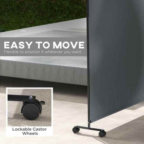 Outsunny Decorative Garden Partition Screen with Lockable Wheels, 6FT Portable Privacy Screen, Single Freestanding Metal Room Divider Panel for Garden Hot Tub Deck Pool, Dark Grey