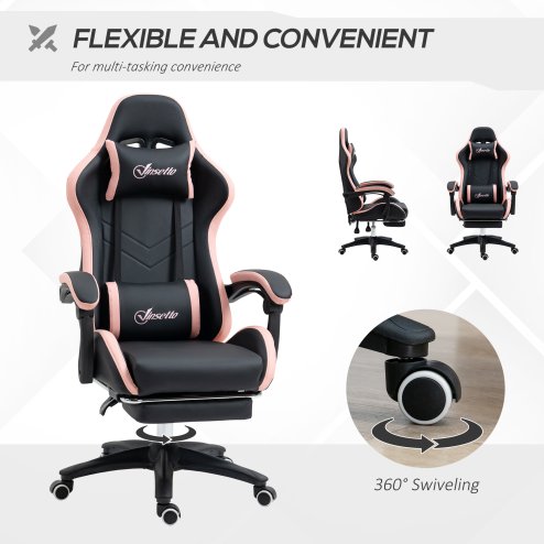 Vinsetto Computer Gaming Chair, PU Leather Desk Chair with Footrest, Swivel Task Chair with 135° Reclining Back and Lumbar Support, PC Chair for Adults, Black and Pink