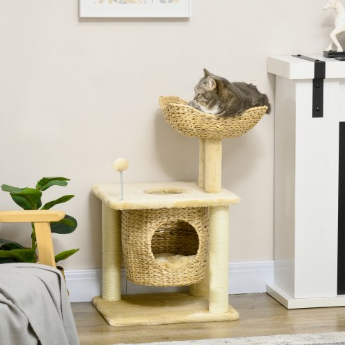 PawHut Cat Tree for Indoor Cats, Cat Climbing Tree with Scratching Posts, Cat House, Bed, Washable Cushions and Toy Ball, Beige