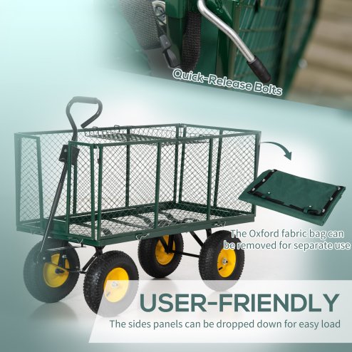 Outsunny Large 4 Wheel Heavy Duty Garden Cart Truck Trolley Wheelbarrow with Handle and Metal Frame - Green