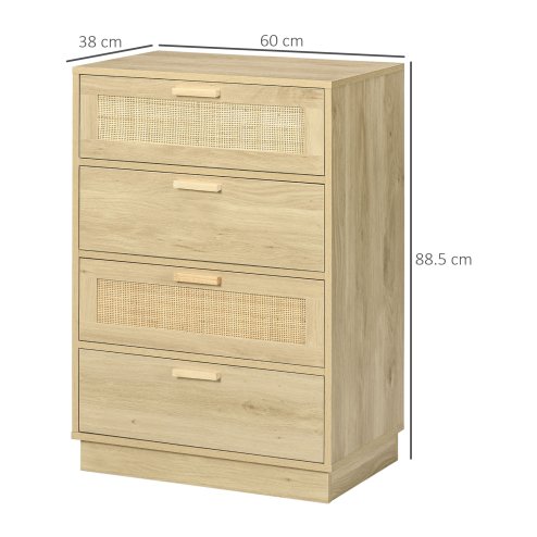 HOMCOM Bedroom Chest of Drawers, Boho Rattan Dresser with 4 Drawers, Storage Cabinet for Living Room, Hallway, Entryway, Natural Wood Finish