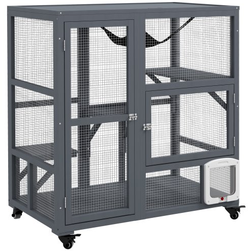 PawHut Cat Cage House, Catio Cat Indoor Enclosure on Wheels, Weather-Resistant Wooden Kitty Cage with Platforms, Hammock, Light Grey