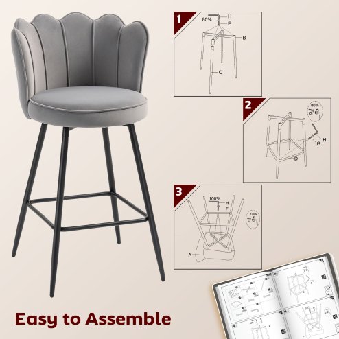 HOMCOM Bar Stools Set of 2, Modern Velvet-Feel Barstools with Petal Backrest and Footrest, Upholstered Breakfast Bar Chairs with Metal Legs for Kitchen Island Counter, Dining Room, Grey