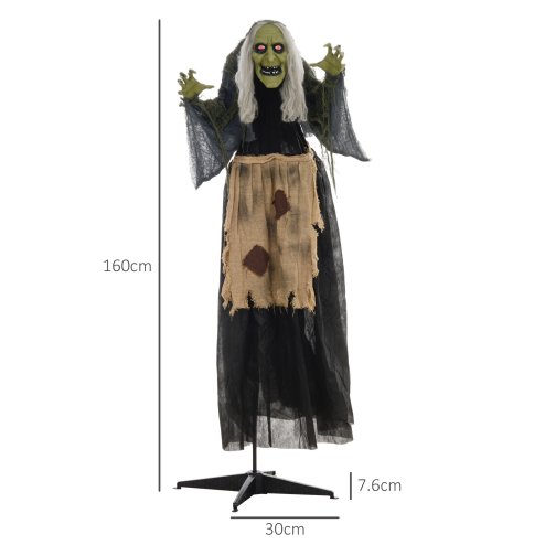HOMCOM 160cm Witch Outdoor Halloween Decoration, Halloween Animatronic with Sound Activated, Light Up Eyes, Sound Effects, Animated Prop for Haunted House