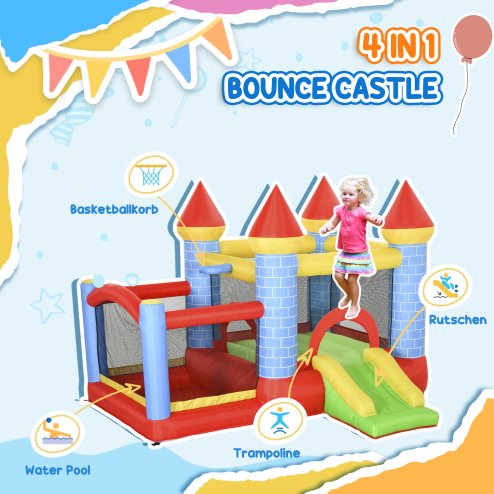 Outsunny Kids Bouncy Castle House Inflatable Trampoline Slide Water Pool Basket 4 in 1 with Blower Basketball Hoop for Kids Age 3-8 Castle Design 2.8 x 2.6 x 2.1m
