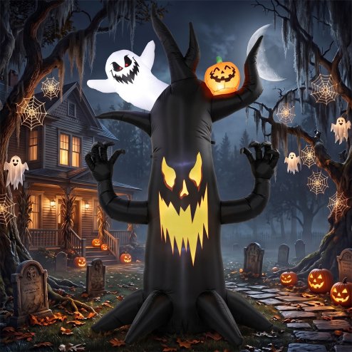 Outsunny 8 FT Halloween Inflatable Spooky Tree, Scary Halloween Decoration, Inflatable Giant Dead Tree Blow Up Decoration with Ghost and Pumpkin, Built-in LED Lights for Garden Indoor Outdoor Decor