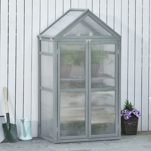 Outsunny Garden Cold Frame Polycarbonate Greenhouse with Adjustable Shelves, Double Doors, Openable Top Covers, Grow House for Flower Vegetable Plants, 80 x 47 x 138cm, Grey