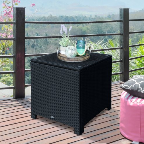 Outsunny Patio PE Rattan Side Table, Square Outdoor Coffee Table w/ Tempered Glass Top, Black Image