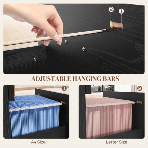 HOMCOM File Cabinet with 4 Drawers for Home Office, Vertical Filing Cabinet with Lock, Adjustable Hanging Bar for A4 and Letter Size, Black Wood Effect