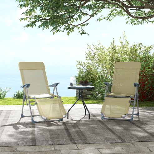 Outsunny Outdoor Sun Lounger Set of 2, Reclining Garden Chairs with Adjustable Footrest, 2 Pieces Recliner with 5-level Adjustable Backrest, Headrest, Beige