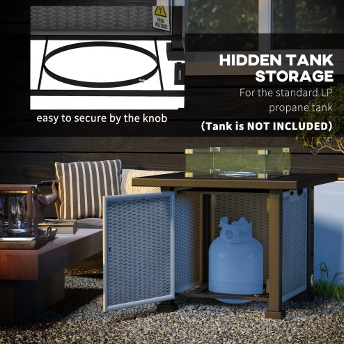 Outsunny Square Propane Gas Fire Pit Table, 50000 BTU Rattan Smokeless Firepit Patio Heater with Glass Screen, Glass Beads and Lid, 81cm x 81cm x 64cm, Grey