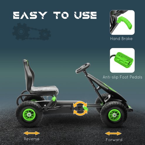 HOMCOM Children Pedal Go Kart, Raving Go Kart with Adjustable Seat, Inflatable Tyres, Shock Aborb, Handbrake, for Ages 5-12 Years - Green
