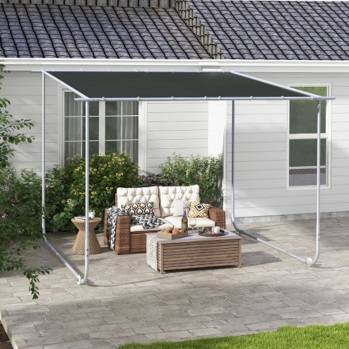 Outsunny 3 x 3(m) Mobile Pergola, Lean to Garden Gazebo with Wheels, UV-Resistant Canopy and Sandbags, Outdoor Sun Shade Shelter for Porch, Patio, Deck, Grey