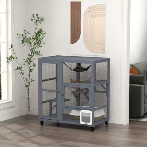 PawHut Cat Cage House, Catio Cat Indoor Enclosure on Wheels, Weather-Resistant Wooden Kitty Cage with Platforms, Hammock, Light Grey