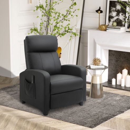 HOMCOM Recliner Armchair, Massage Faux Leather Push Back Reclining Chair with Adjustable Leg Rest, Side Pocket, for Home Living Room Theatre, Black Image