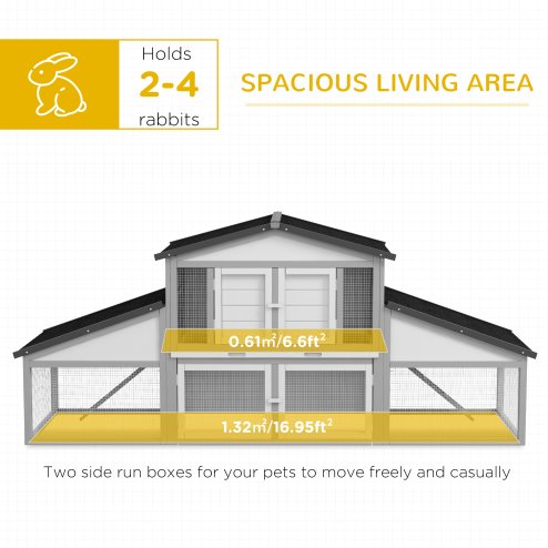 PawHut Large Rabbit Hutch with Run, Outdoor Bunny Cage with Tray, Ramp, Wooden Guinea Pig House, Light Grey