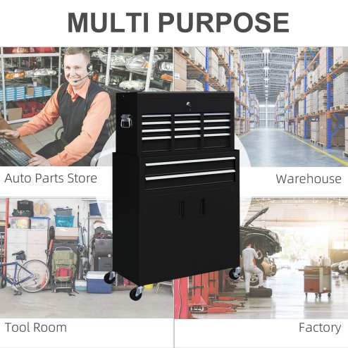 HOMCOM Tool Chest, Metal Tool Cabinet on Wheels with 6 Drawers, Pegboard, Top Chest and Roller Cabinet Combo, 61.6 x 33 x 108cm, Black