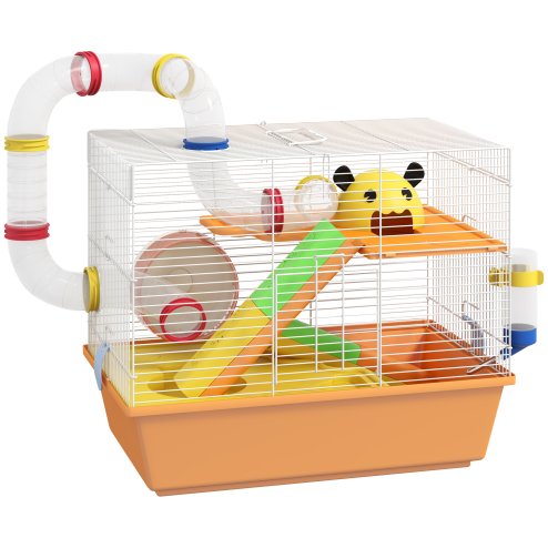 PawHut 3 Tiers Hamster Cage, Small Animal House with Tubes, Exercise Wheel, Ladder, Water Bottle, Dish, Hut, Top Handle, 45 x 28 x 37cm - Orange