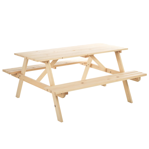 Outsunny 6 Seater Wooden Picnic Table Bench for Outdoor Garden or Patio with Parasol Cutout 150 cm Natural Wood Finish Image