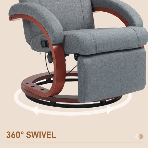 HOMCOM Swivel Recliner Chair with Extended Footrest, Manual Reclining Armchair with Wood Base for Living Room, Bedroom, Grey