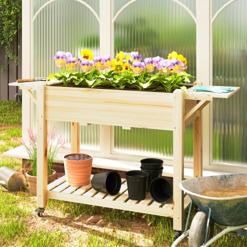 Outsunny Raised Garden Bed, Wooden Elevated Planter Box with Lockable Wheels, Side Tables and Bottom Shelf, Outdoor Planter with Liner and Drainage Holes for Vegetables, Flowers, Fruits, Natural