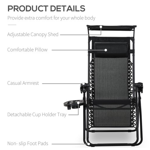 Outsunny Foldable Reclining Garden Chair with Headrest, Zero Gravity Deck Sun Lounger Seat Chair with Footrest, Armrest, Cup Holder & Canopy Shade, Black