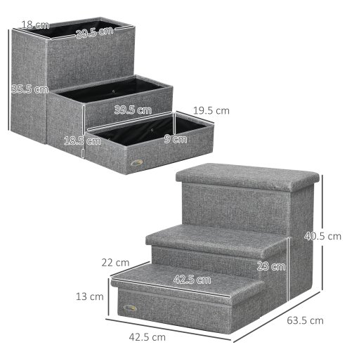 PawHut 3 Step Dog Steps with Storage Boxes, Cat Stairs for Bed, Pet Ladder for Couch, Sofa - Light Grey