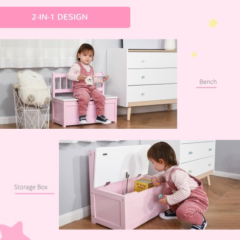 HOMCOM 2 In 1 Wooden Toy Box, Kids Seat Bench Storage Chest Cabinet Organiser w/ Safety Pneumatic Rod, 60 x 30 x 50cm - Pink