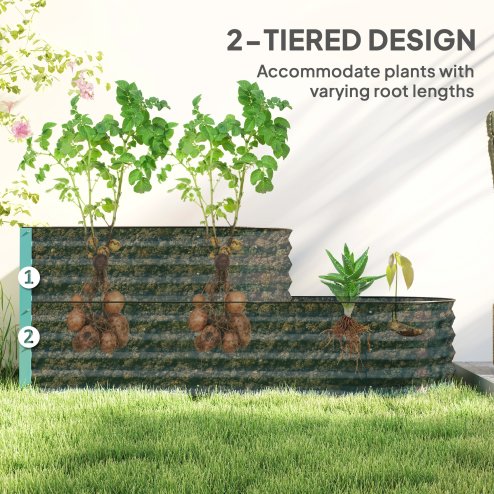 Outsunny 2-Tier Raised Garden Bed, Outdoor Galvanised Planter Box with Safety Edging and Gloves, Metal Raised Bed with Open Bottom for Vegetables, Flowers, Fruits and Herbs, Dark Green