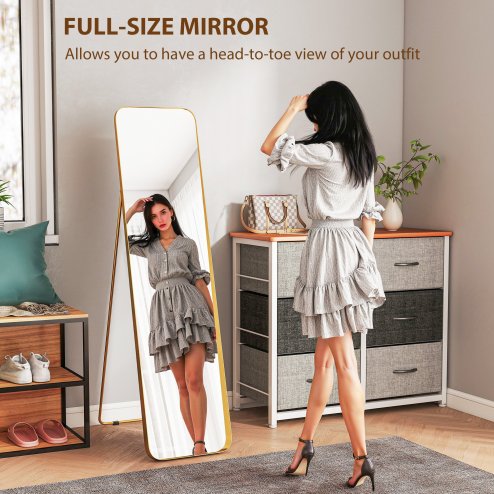 HOMCOM Full Length Mirror, 40 x 160 cm, Rectangular Full Body Mirror with Curved Corners for Bedroom, Living Room, Cloakroom, Floor Standing or Leaning Against Wall, Gold Tone