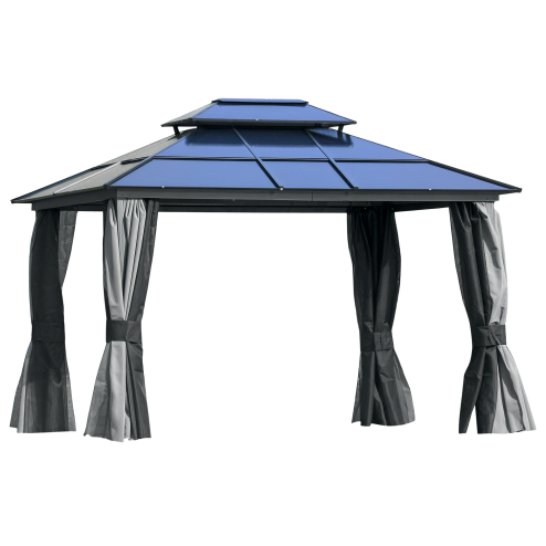 Outsunny 3 x 3.6(m) Polycarbonate Hardtop Gazebo Canopy with Double-Tier Roof and Aluminium Frame, Garden Pavilion with Mosquito Netting and Curtains