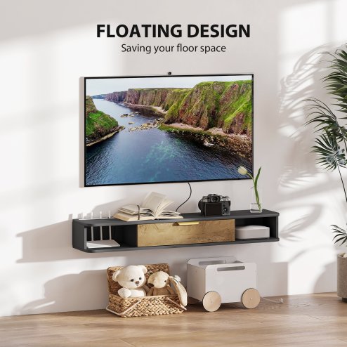 HOMCOM 120 cm Floating TV Stand Cabinet, Wall Mounted TV Cabinet with Open Compartments and Flip Door, Modern Entertainment Media Console for Living Room, Charcoal Grey