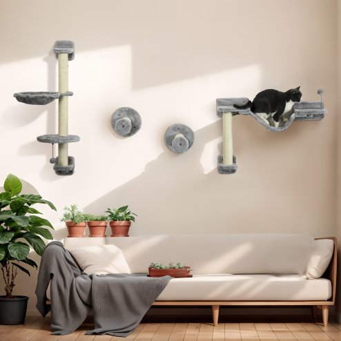 PawHut 4Pcs Wall Mounted Cat Shelves, with Hammock, Perches, Ladder, Scratching Post, Cat Wall Furniture for Large Cats, Grey