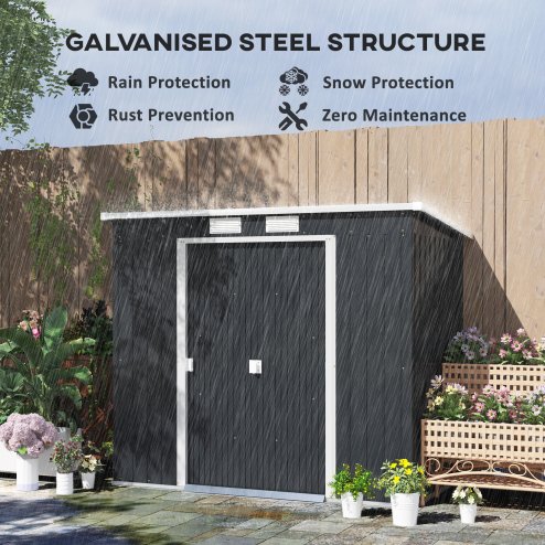Outsunny 7 x 4ft Lean to Garden Shed with Foundation Kit, Double Door and Vents, Outdoor Metal Storage Shed for Equipment Tools, Dark Grey