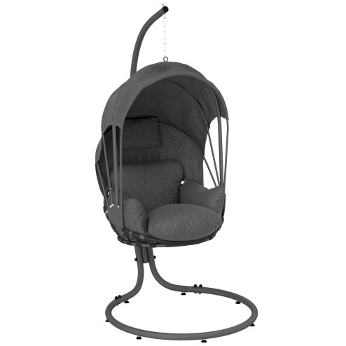 Outsunny Hanging Egg Chair with Cushion and Retractable Canopy, Swing Hammock Chair with Adjustable Metal Stand, for Indoor and Outdoor, Grey