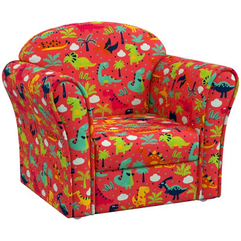 AIYAPLAY Kids Sofa Chair, Toddler Armchair with Dinosaur Design, Wooden Frame, Upholstered Toddler Chair for Bedroom, Playroom, Kids Room - Red