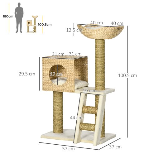 PawHut Flower Cat Tree for Indoor Cats Kitten Tower Cattail Weave with Scratching Posts, Cat House, Bed, Ladder, Washable Cushions, 57 x 37 x 100.5 cm - Natural Finish