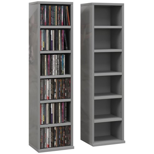HOMCOM 204 CD Media Display Shelf Unit Set of 2 Blu-Ray Tower Rack w/ Adjustable Shelves Bookcase Storage Organiser, High Gloss Grey