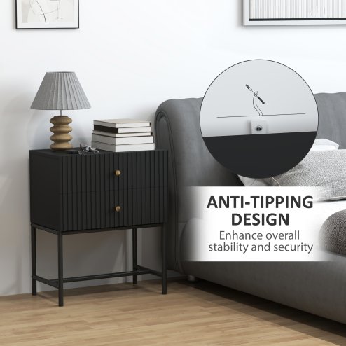 HOMCOM Bedside Table with 2 Drawers, Modern Bedside Cabinet with Storage and Metal Legs for Bedroom, Living Room, Black