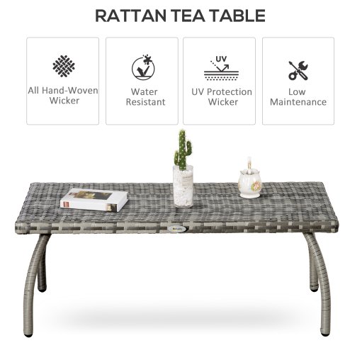 Outsunny Rattan Coffee Table, Patio Wicker Table with All-Weather Material for Garden, Balcony, Backyard, Grey