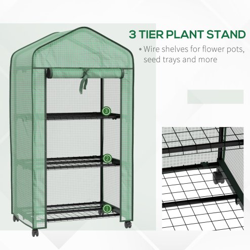 Outsunny 3 Tier Mini Greenhouse with Reinforced PE Cover and Wheels, Portable Small Greenhouse with Roll-up Door and Wire Shelves, 130H x 69W x 49D cm, Green