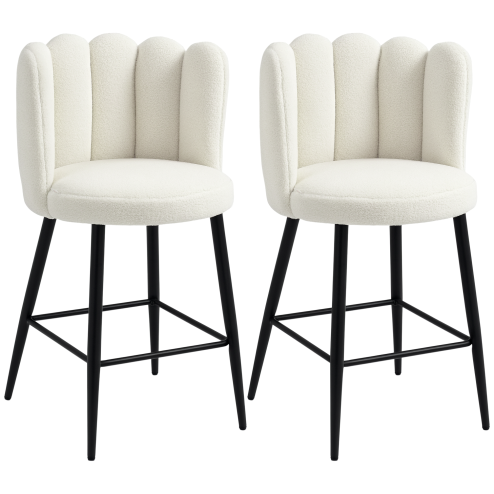 HOMCOM Bar Stools Set of 2, Faux Cashmere Upholstered Breakfast Bar Chairs, Modern Kitchen Stools with Backs, Footrest and Steel Base, Cream